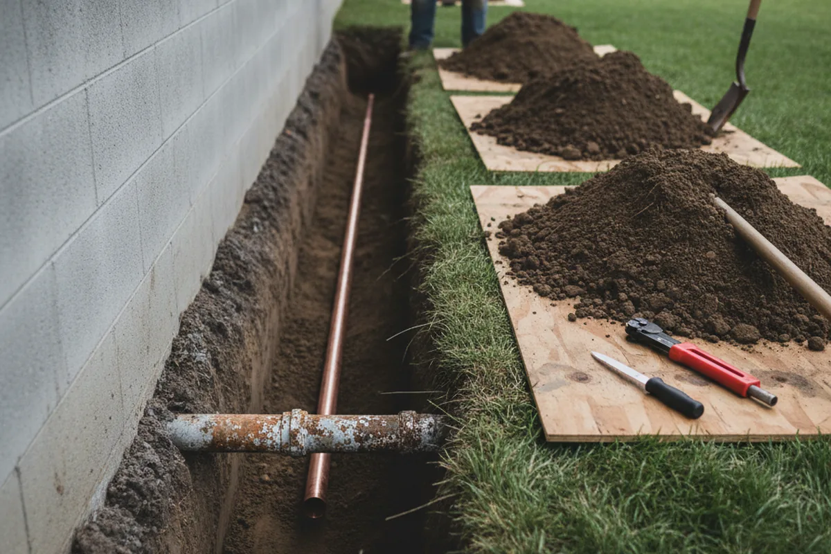 Excavated water line trench during Water Softener Installation in Elmhurst